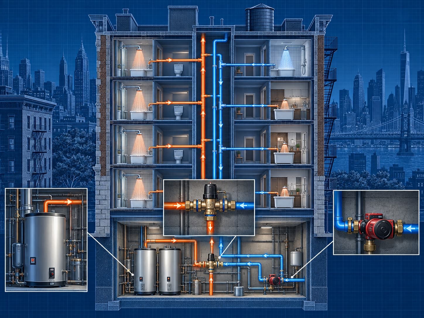 Technical blueprint cutaway of an NYC multifamily domestic hot-water system showing the central heater, mixing valve, supply risers, and recirculation return
